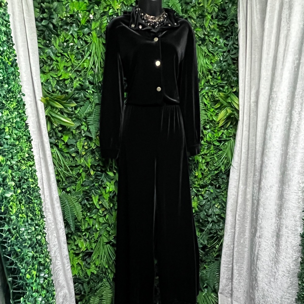 Armani Exchange Jumpsuit Medium Black Velvet Wide Leg Long Sleeve Gold Trim 3865 - Picture 3 of 11